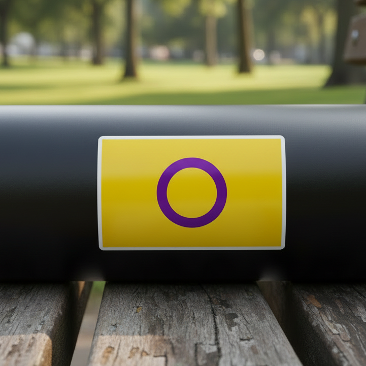 Intersex Pride Bubble-Free Sticker—a yellow rectangle with a bold purple circle—on black gear atop a wooden park bench