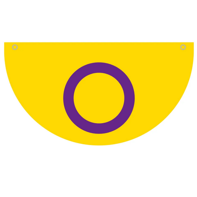 Yellow semicircular bunting flag with a centered purple ring and two top grommets