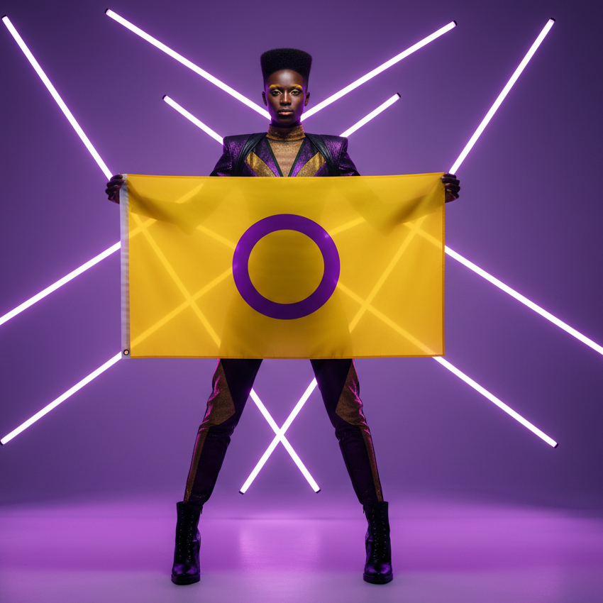 Intersex pride flag with purple circle on yellow, held by a person in a purple-lit studio