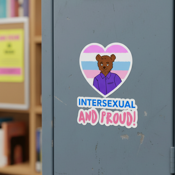 Bubble-free sticker showing a brown bear in a purple tee