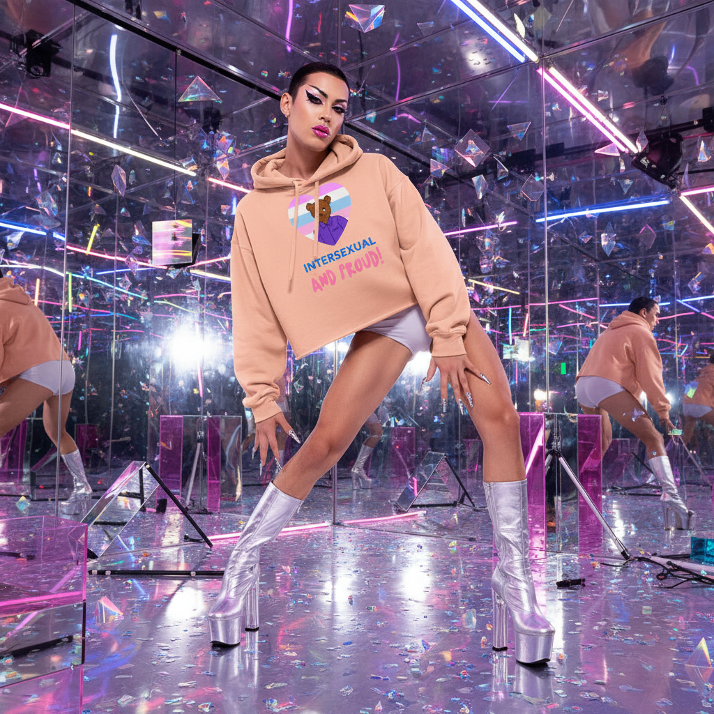 Intersexual And Proud crop hoodie paired with white shorts, silver platform boots, bold makeup