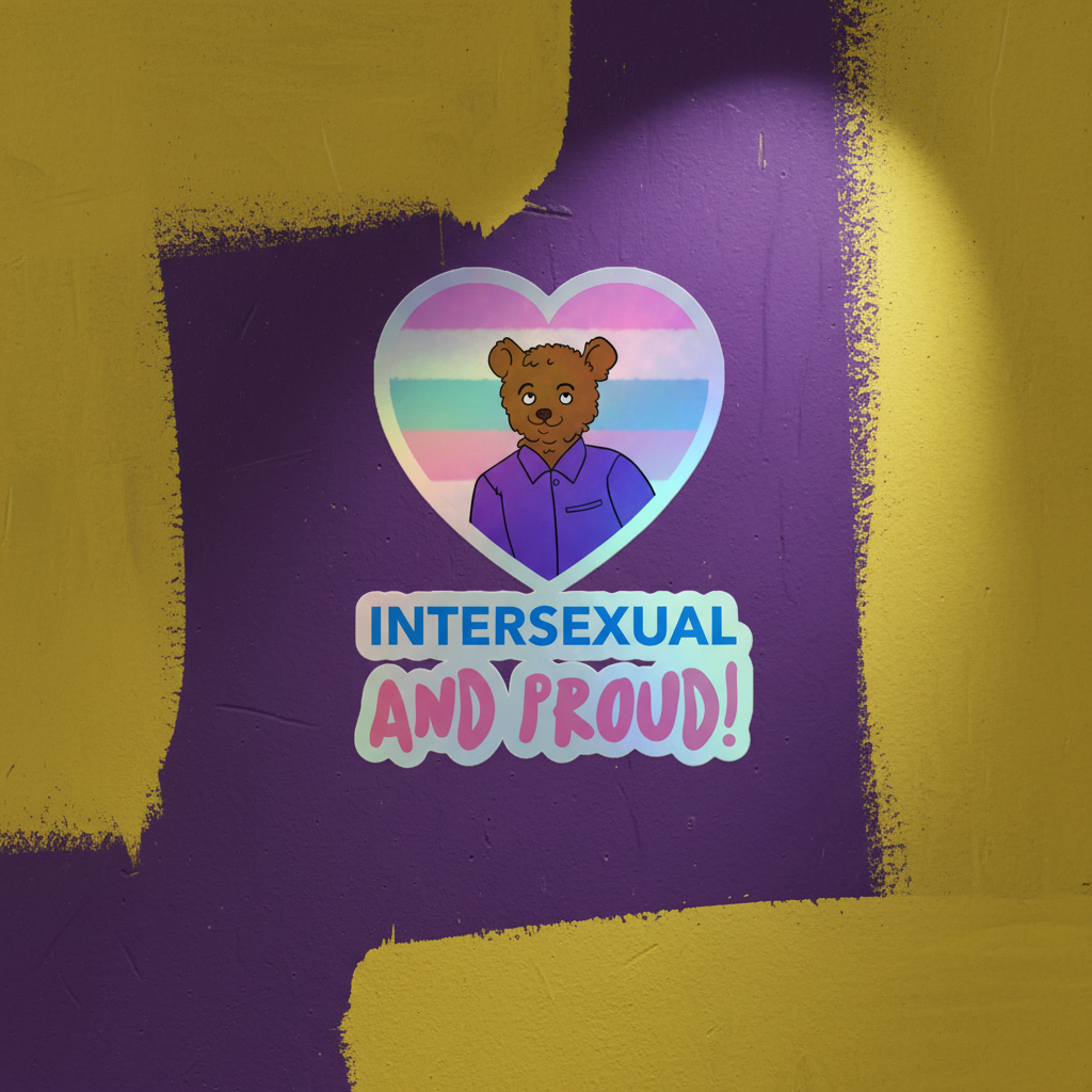 Holographic sticker with a brown bear in a purple shirt, intersex pride flag backdrop