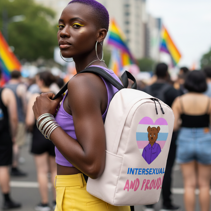 Intersexual And Proud Minimalist Backpack with intersex pride bear, worn by person in purple tank, yellow pants at Pride