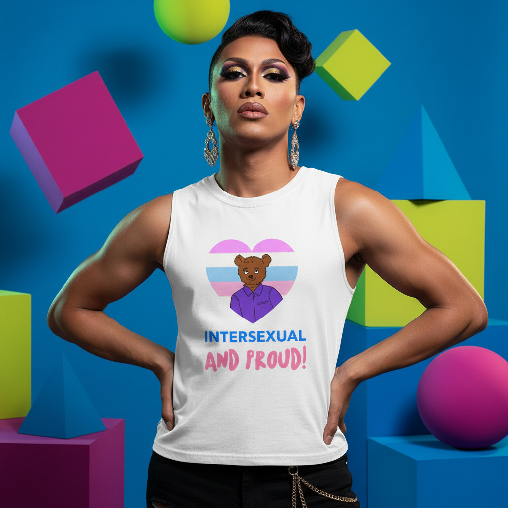 Intersexual And Proud Muscle Top with bold geometric patterns, bright colors, bear graphic, intersex flag heart