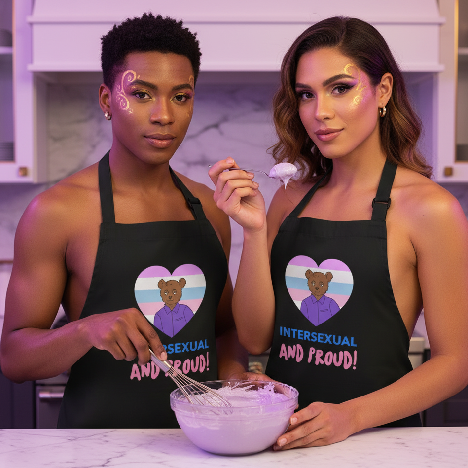 Two adults wearing black “Intersexual and Proud!” aprons mix a bowl in a kitchen