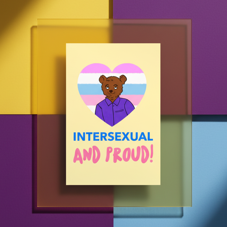 Intersexual And Proud postcard with a cartoon bear in a purple shirt, intersex flag heart