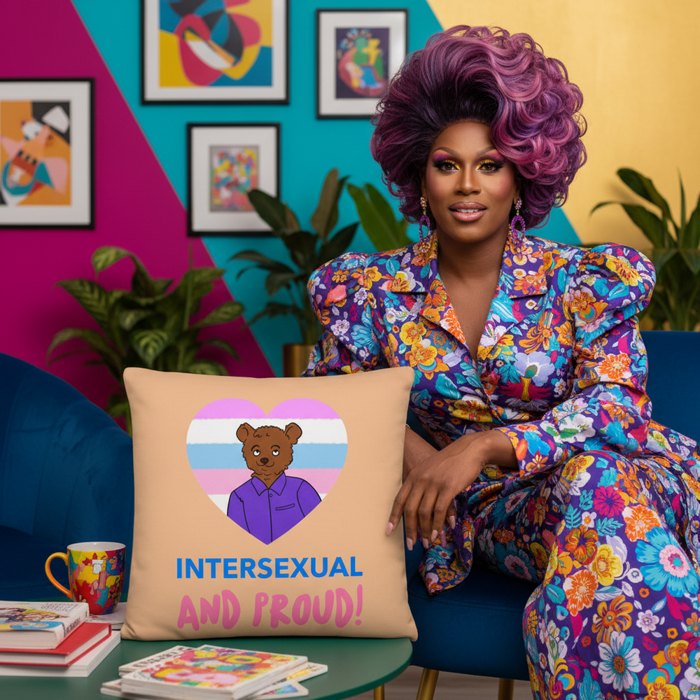 Person in floral suit with purple hair on blue sofa holds "Intersexual And Proud" pillow with bear on intersex flag heart