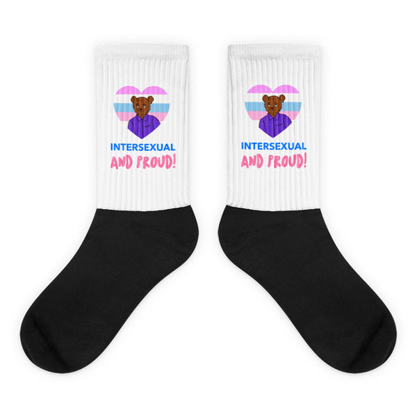 Pair of black-and-white socks with an intersexual pride heart and bear graphic