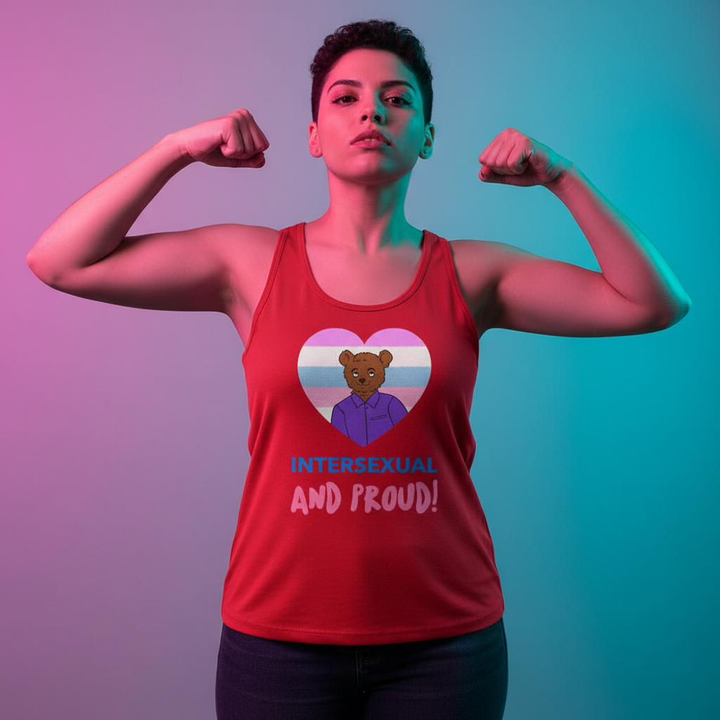 Intersexual And Proud unisex tank top with intersex pride heart, bear graphic, worn by short-haired person