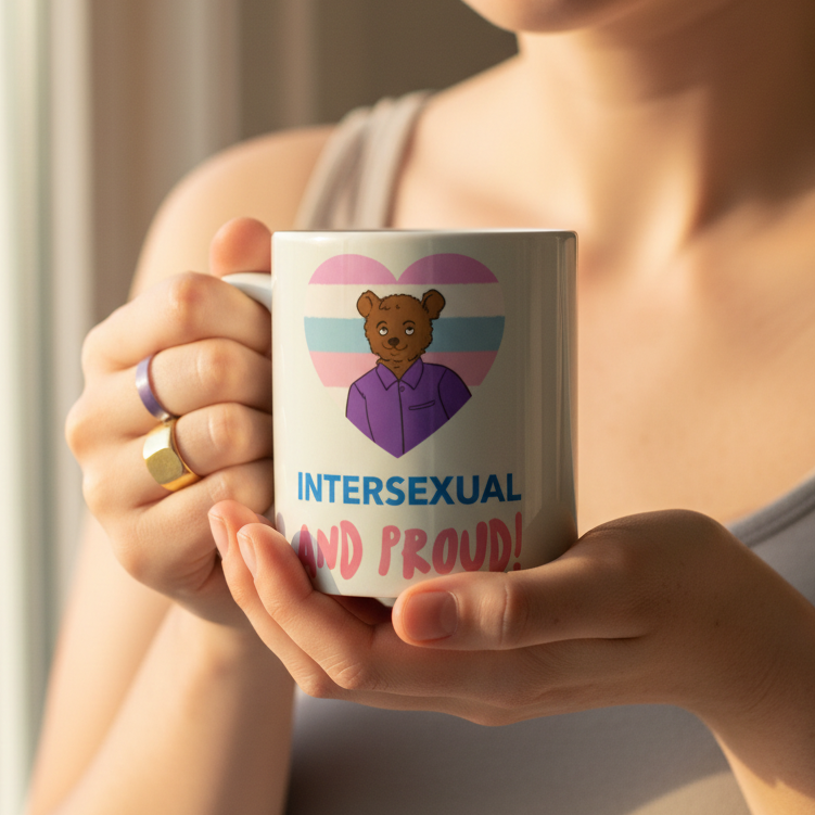 White mug reading “INTERSEXUAL AND PROUD!” with a bear over a striped heart, held by a person