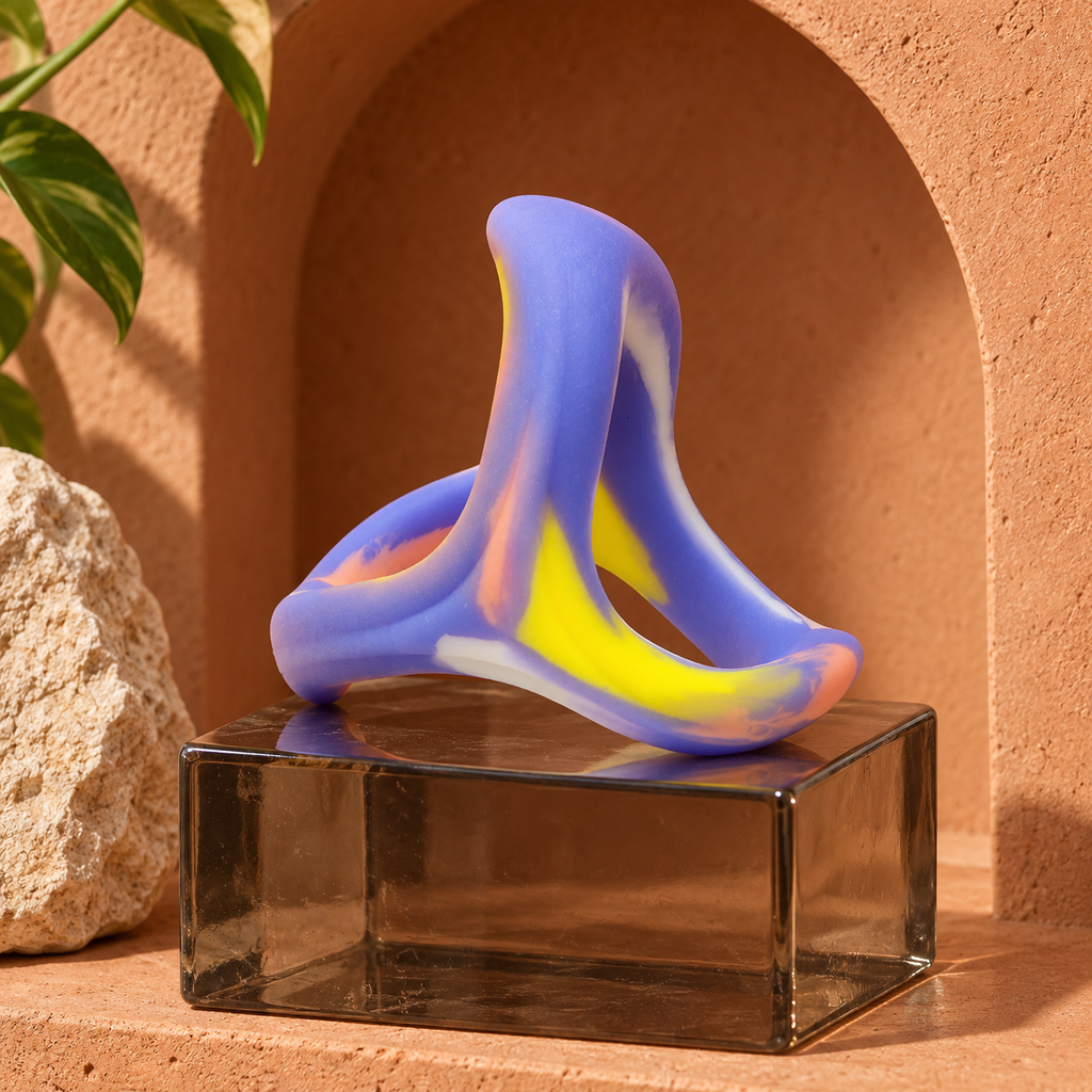 Marbled silicone cock ring with three openings displayed as a small sculptural still life.