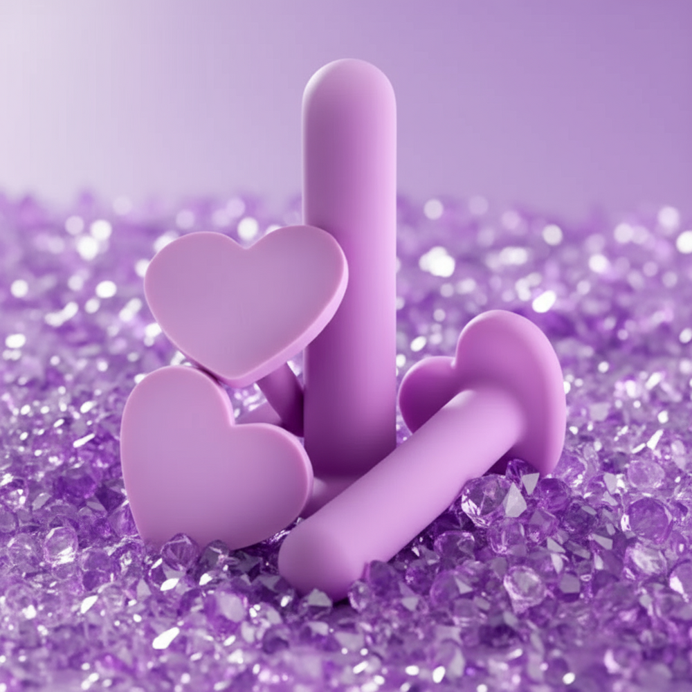 Three pastel-purple anal dilators with heart-shaped bases arranged on purple crystal fragments