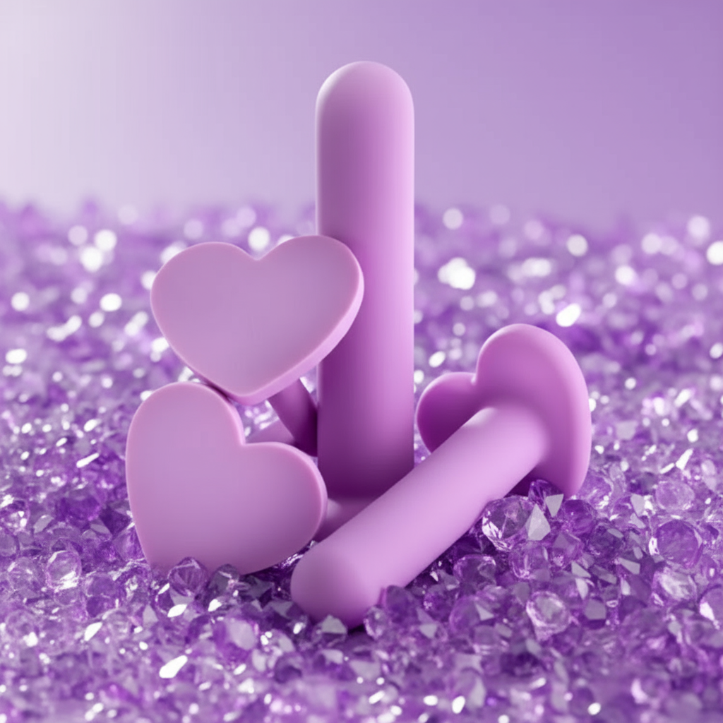 Three pastel-purple anal dilators with heart-shaped bases arranged on purple crystal fragments