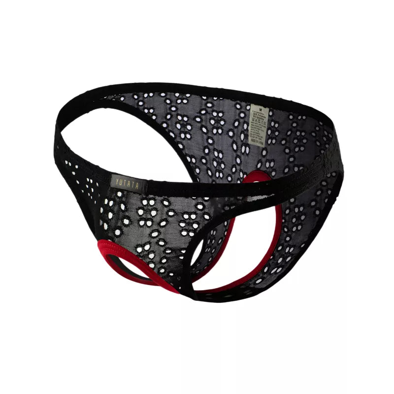 Black floral-pattern mesh no-crotch panties with red trim, shown from a front angle