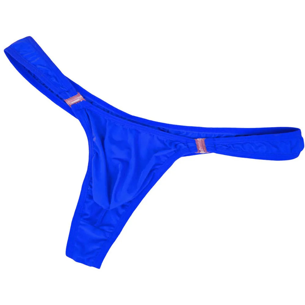 Blue thong laid flat, with narrow straps and rose-gold rectangular hardware at the sides