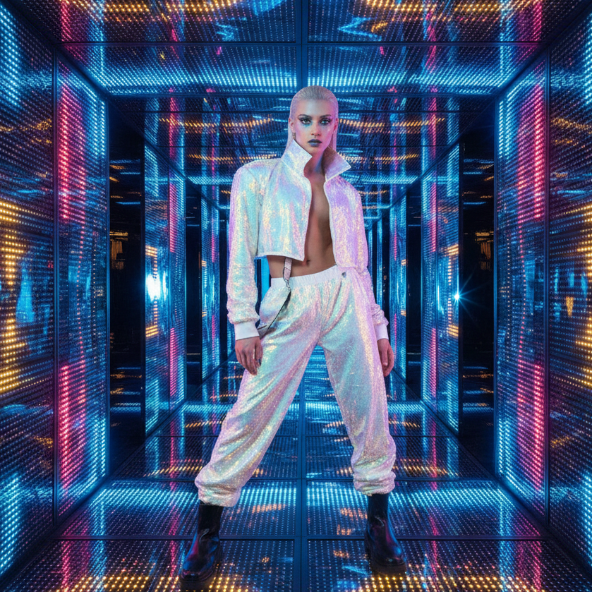 Model wearing an iridescent cropped jacket and matching jogger pants in a mirrored light tunnel