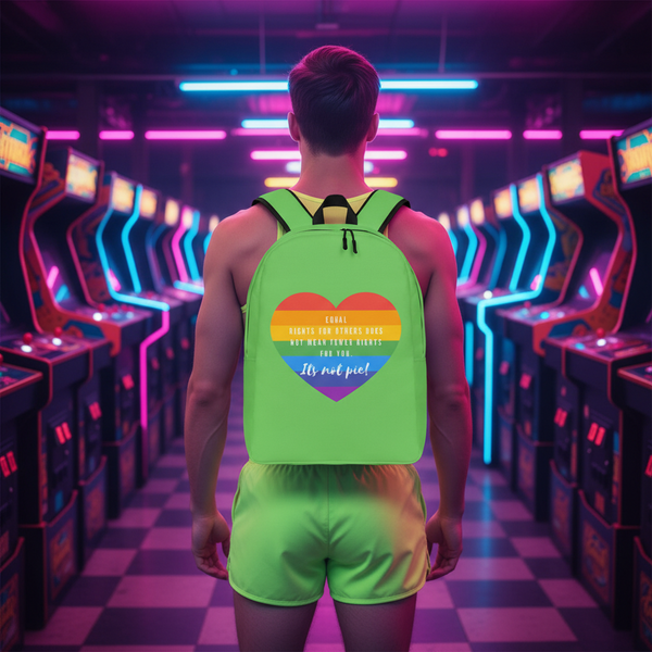 Bright green backpack with rainbow heart slogan, worn in a neon-lit arcade