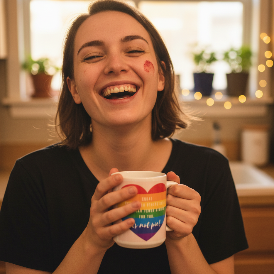 Smiling person holds a white mug with a rainbow heart and partially legible text