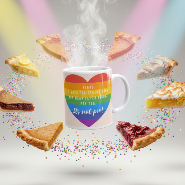 White mug with a rainbow heart reading “It’s not pie!” surrounded by floating pie slices