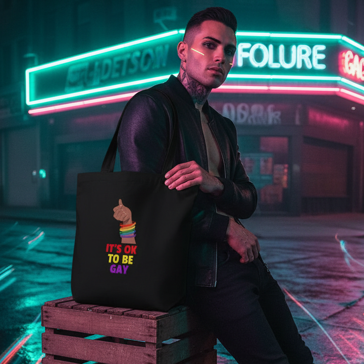 Model holding a black tote reading “IT’S OK TO BE GAY” with a rainbow-banded hand graphic