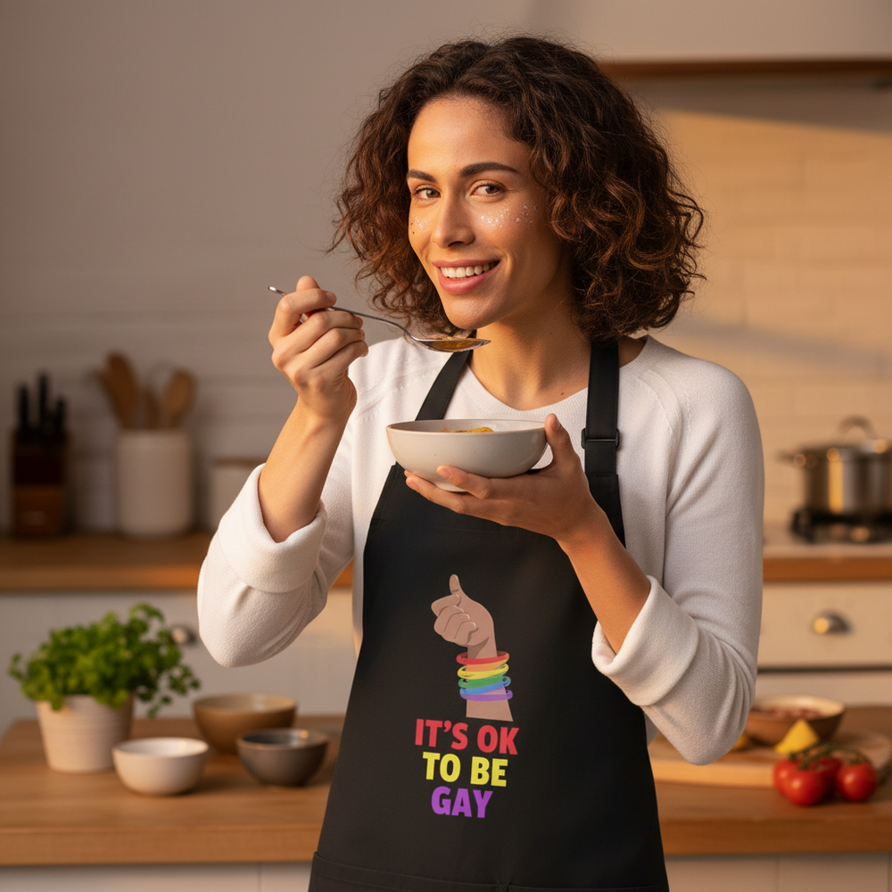 Person wearing a black apron reading “IT’S OK TO BE GAY” while tasting soup in a kitchen