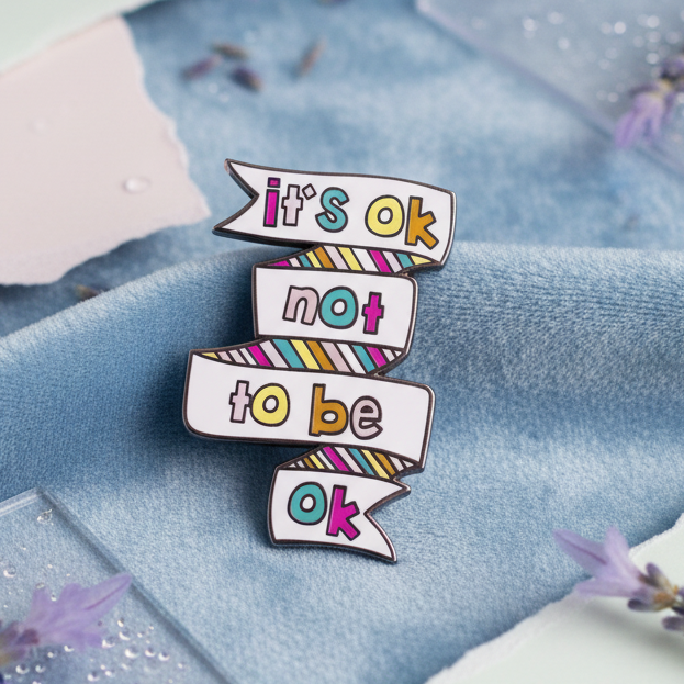 Close-up of an enamel pin reading “it’s ok not to be ok” in colorful block letters