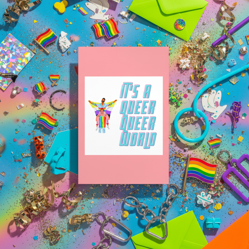 Pink postcard reading “It’s a Queer Queer World,” with two illustrated figures and rainbow motifs