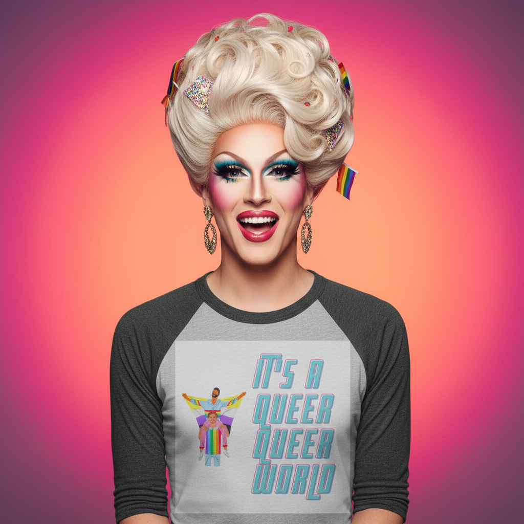 It's A Queer Queer World 3/4 sleeve raglan tee with a vibrant figure