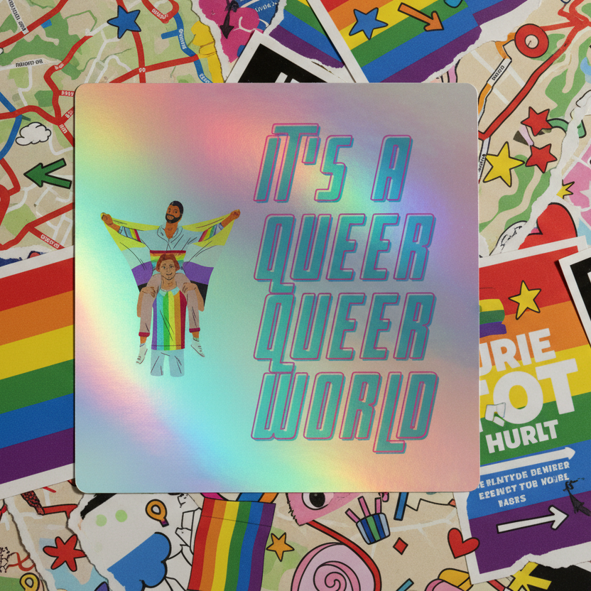 Holographic sticker reading “IT’S A QUEER QUEER WORLD,” with two illustrated people in rainbow clothing
