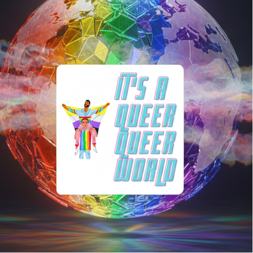 Square magnet reading “IT’S A QUEER QUEER WORLD,” with two figures over a rainbow globe