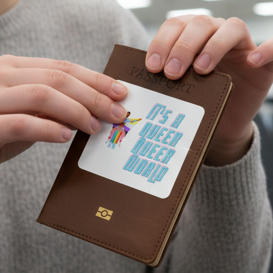 A brown passport with an "It's A Queer Queer World" bubble-free sticker in blue and rainbow looks