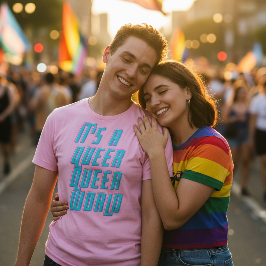 “Its A Queer Queer World” T-shirt on a joyful person, person in rainbow LGBT tee