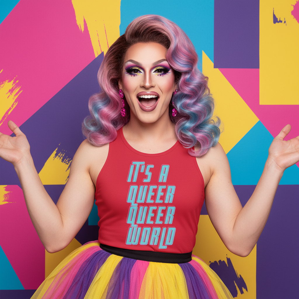 Red "Its A Queer Queer World Unisex Tank Top" on a drag queen with pastel pink and blue hair, rainbow tulle skirt