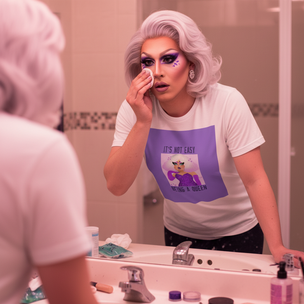 Unisex tee with "It's Not Easy Being a Queen," rocking a cartoon queen, worn by silver-haired queer icon at the sink