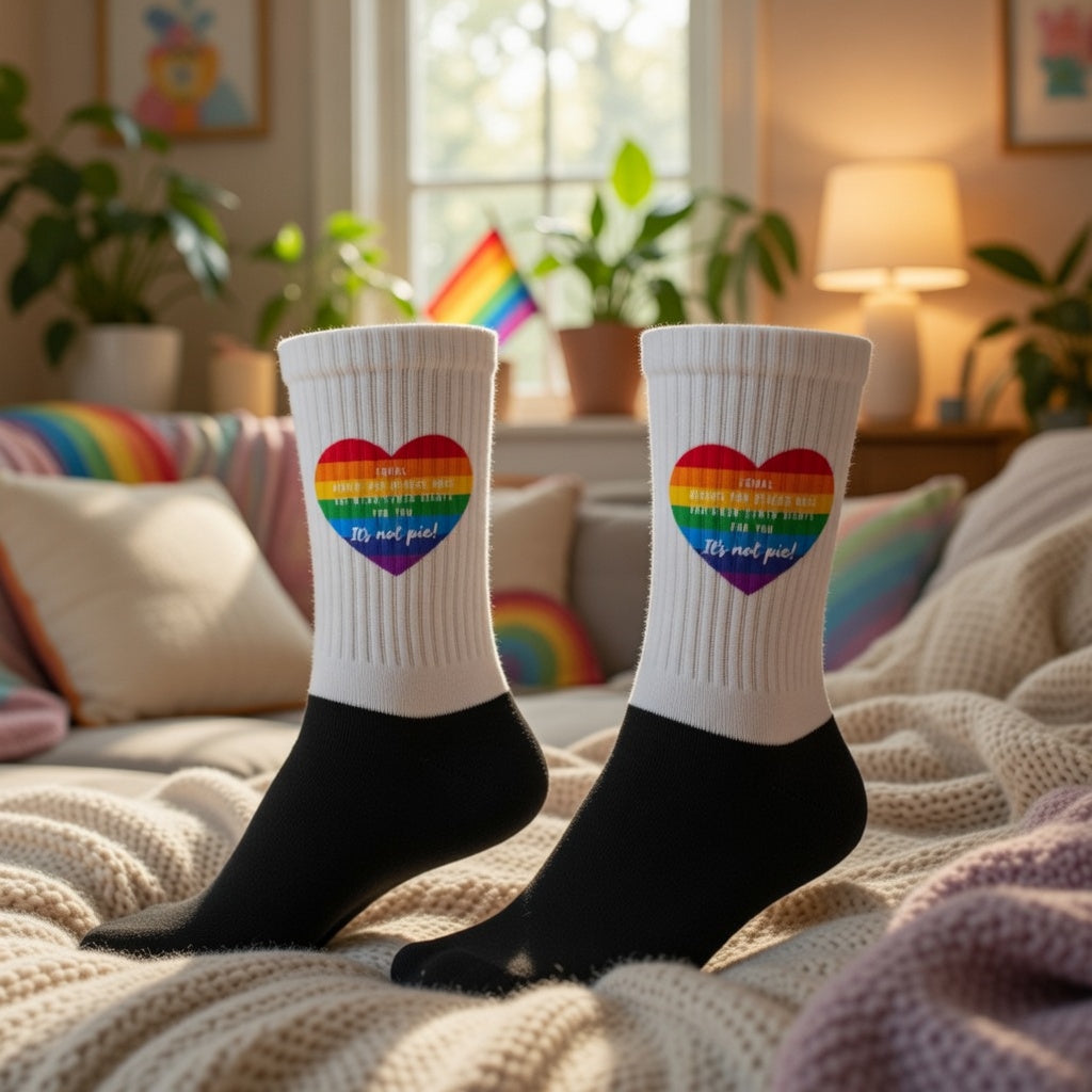 Crew-length "It's Not Pie Socks" featuring rainbow hearts and pride slogans