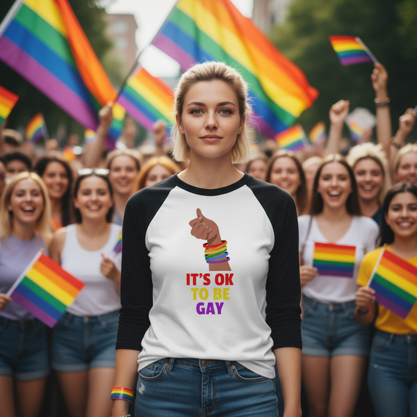 3/4 sleeve raglan shirt with “It’s Ok To Be Gay” text, rainbow bracelets; femme at outdoor Pride amid waving rainbow flags.