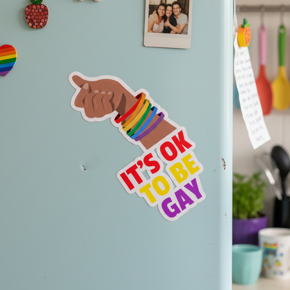 It's Ok To Be Gay bubble-free sticker on fridge, showing medium-skin hand with rainbow bracelets, rainbow heart magnet