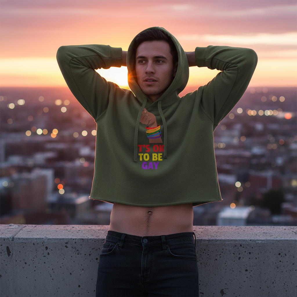 It's OK To Be Gay crop hoodie with rainbow bracelets graphic, worn by a person in dark jeans on a sunset rooftop