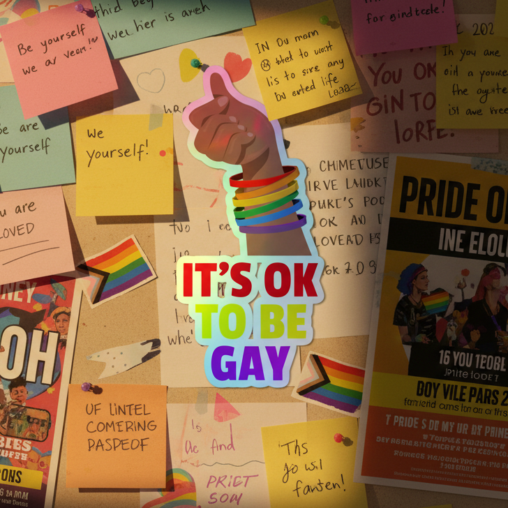 Holographic "ITS OK TO BE GAY" sticker with a rainbow fist, queer pride flags, notes, flyers