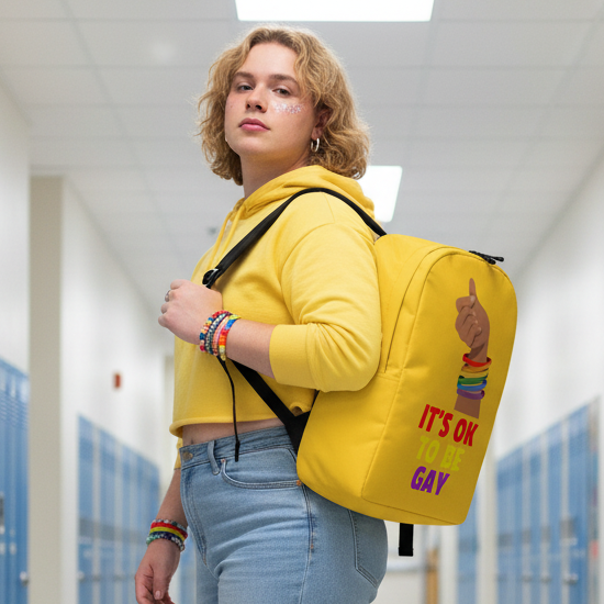 Its OK To Be Gay Minimalist Backpack with a bold rainbow slogan