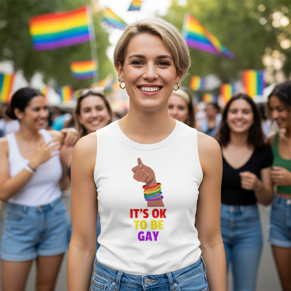 White “It's Ok To Be Gay” muscle top and rainbow bracelet worn by a smiling person at Pride