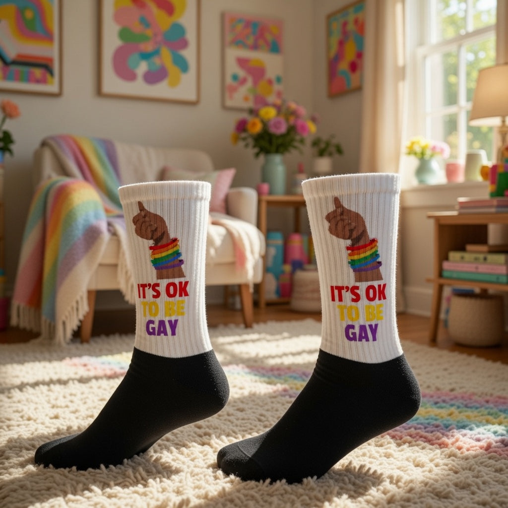 Cushioned crew socks with black soles, rainbow wristband and thumbs-up over "ITS OK TO BE GAY" in bold rainbow