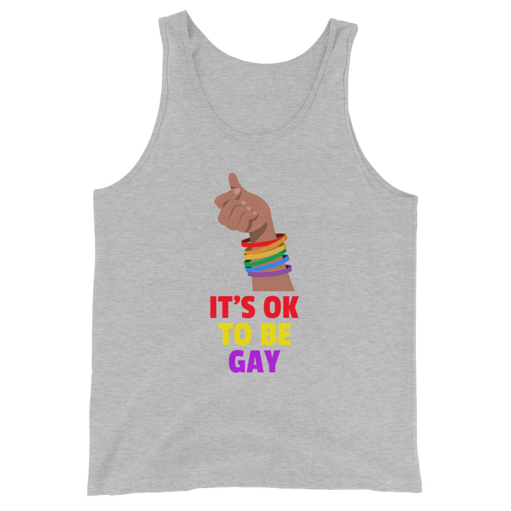 Front view of a gray tank top with a rainbow-wrapped raised fist and “IT’S OK TO BE GAY” text