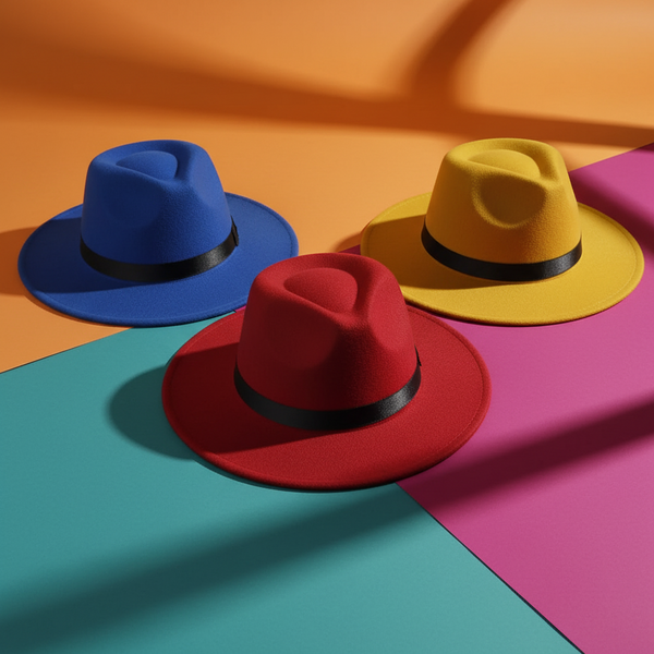 Three wide-brim fedoras in blue, yellow, and red with black hatbands