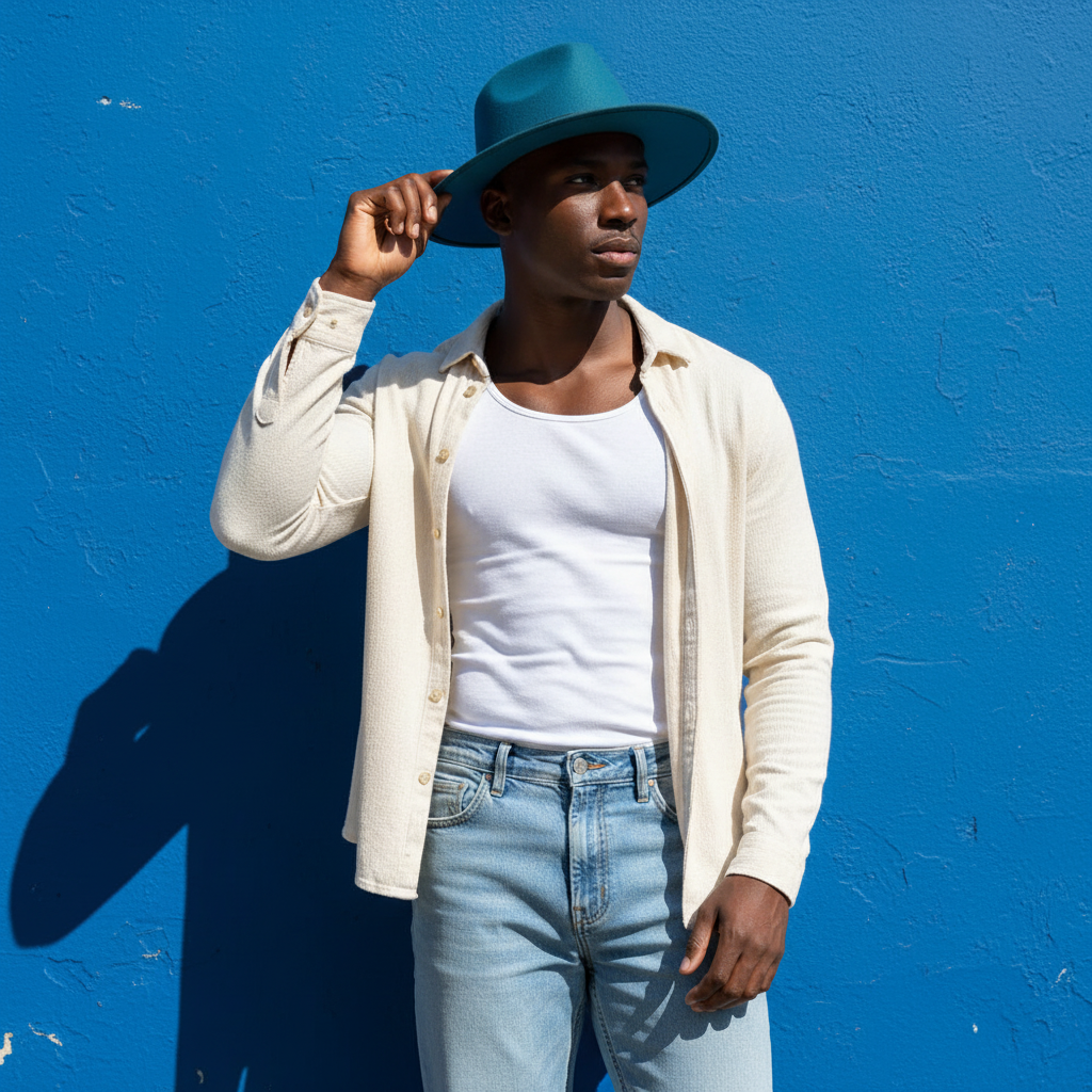 Model wearing a teal wide-brim fedora against a bright blue wall