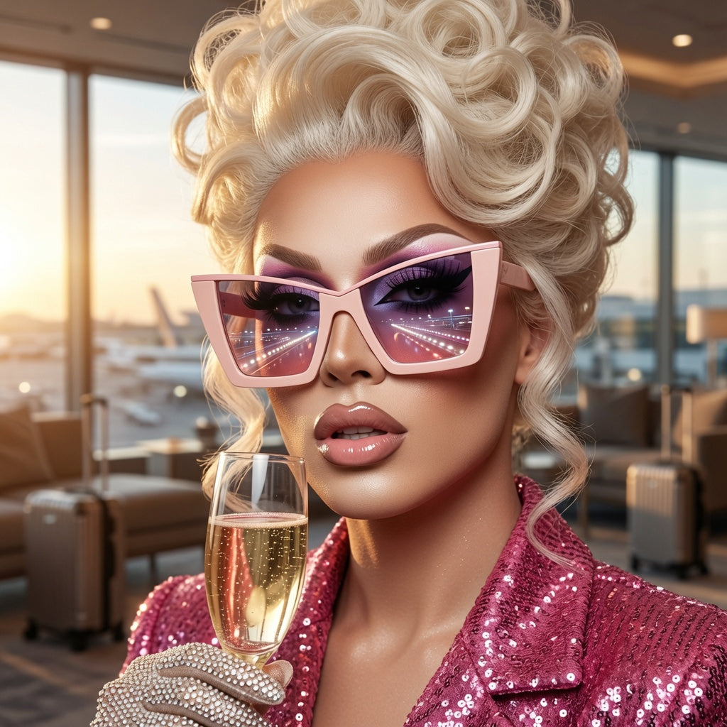 Close-up model wearing oversized pink angular sunglasses at an airport lounge