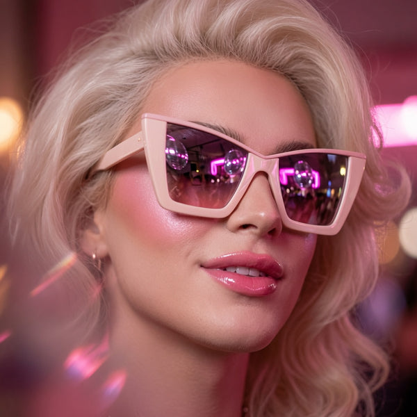 Close-up model wearing oversized pale pink square sunglasses with dark reflective lenses