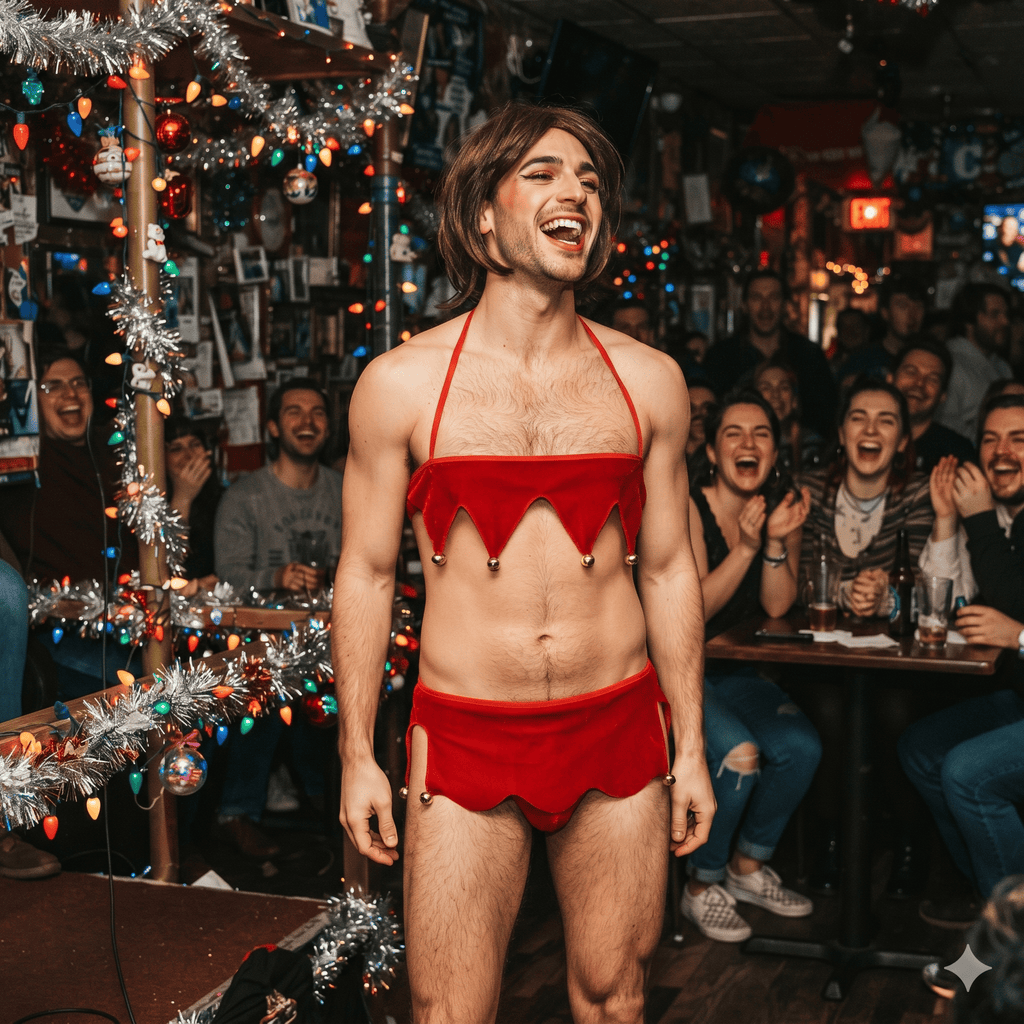 Smiling model wears a red jingle-bell lingerie set at a festive Christmas party