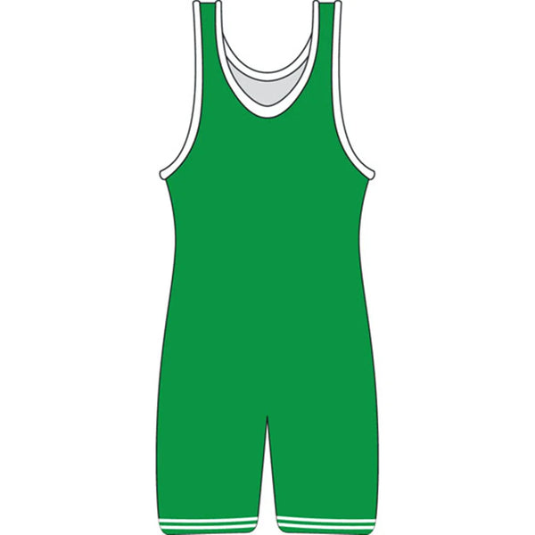 Front-view illustration of a green wrestling singlet with white trim and double leg stripes
