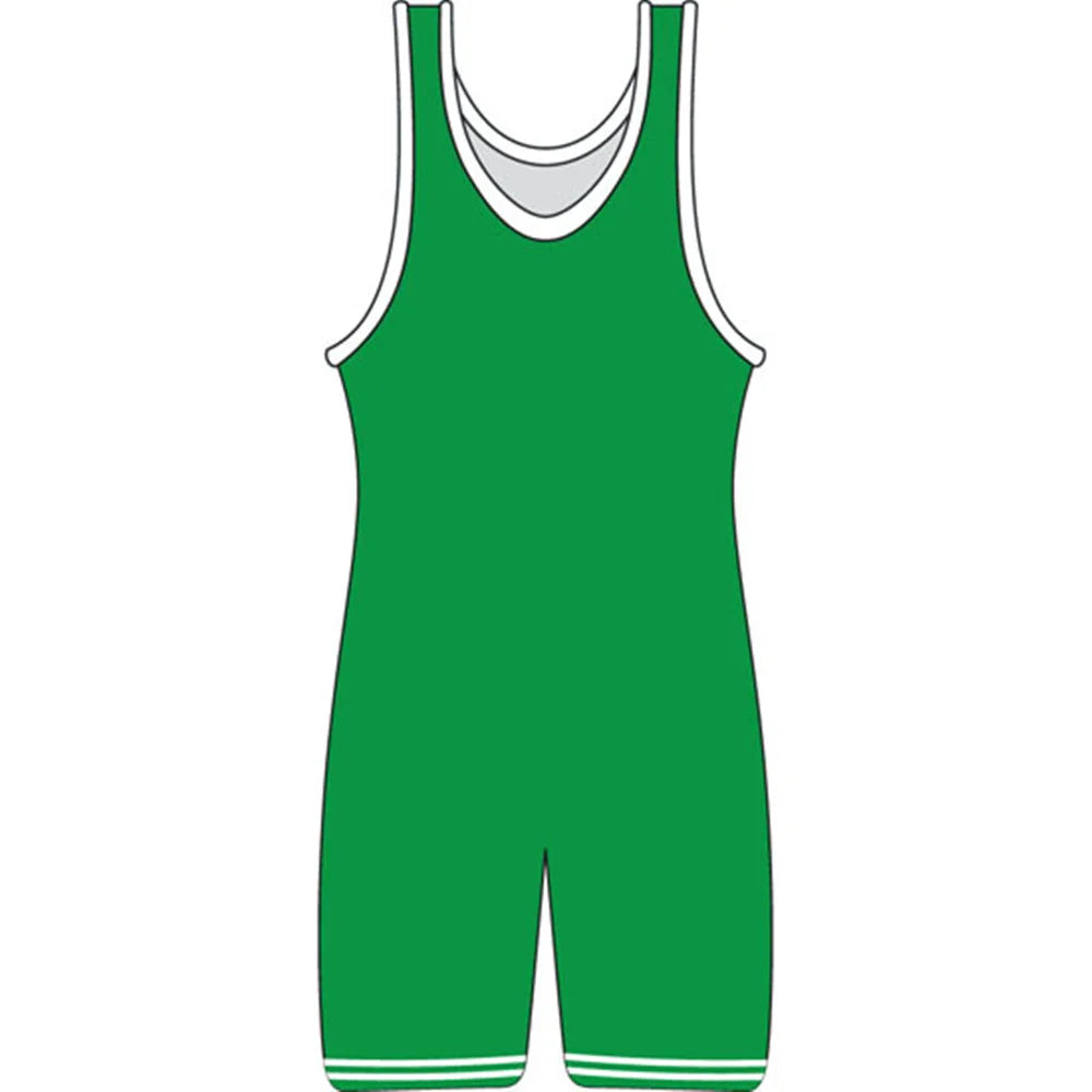 Front-view illustration of a green wrestling singlet with white trim and double leg stripes